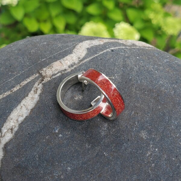 Sterling Silver Hoop with Coral Inlay - Image 2